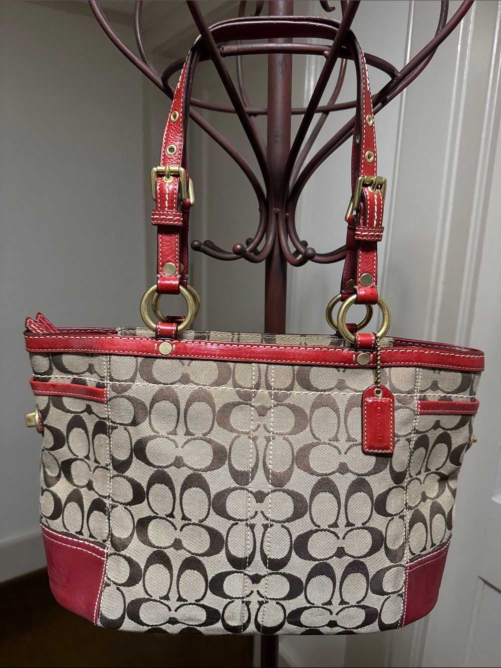 Coach Beige Signature Tote with Red Leather Trim